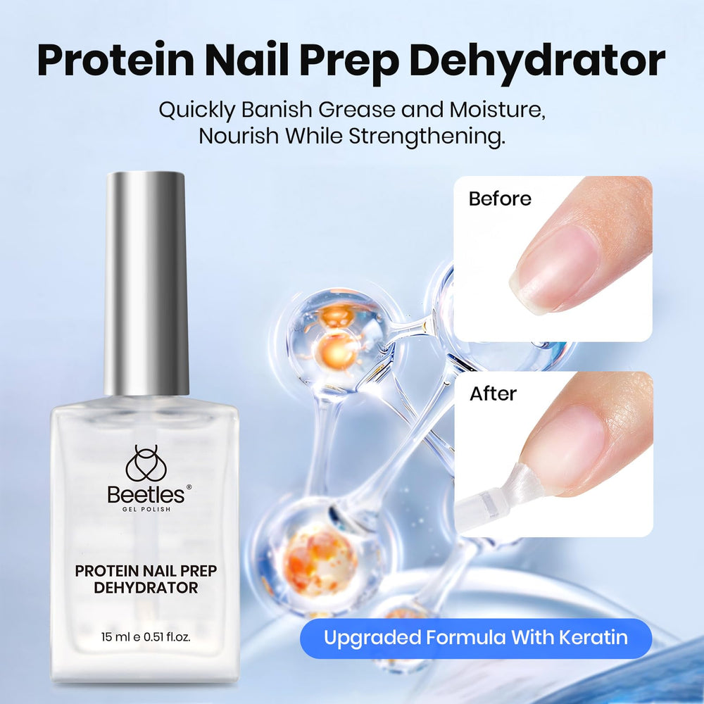 Beetles protein nail primer bottle highlighting strong adhesion and barrier prep