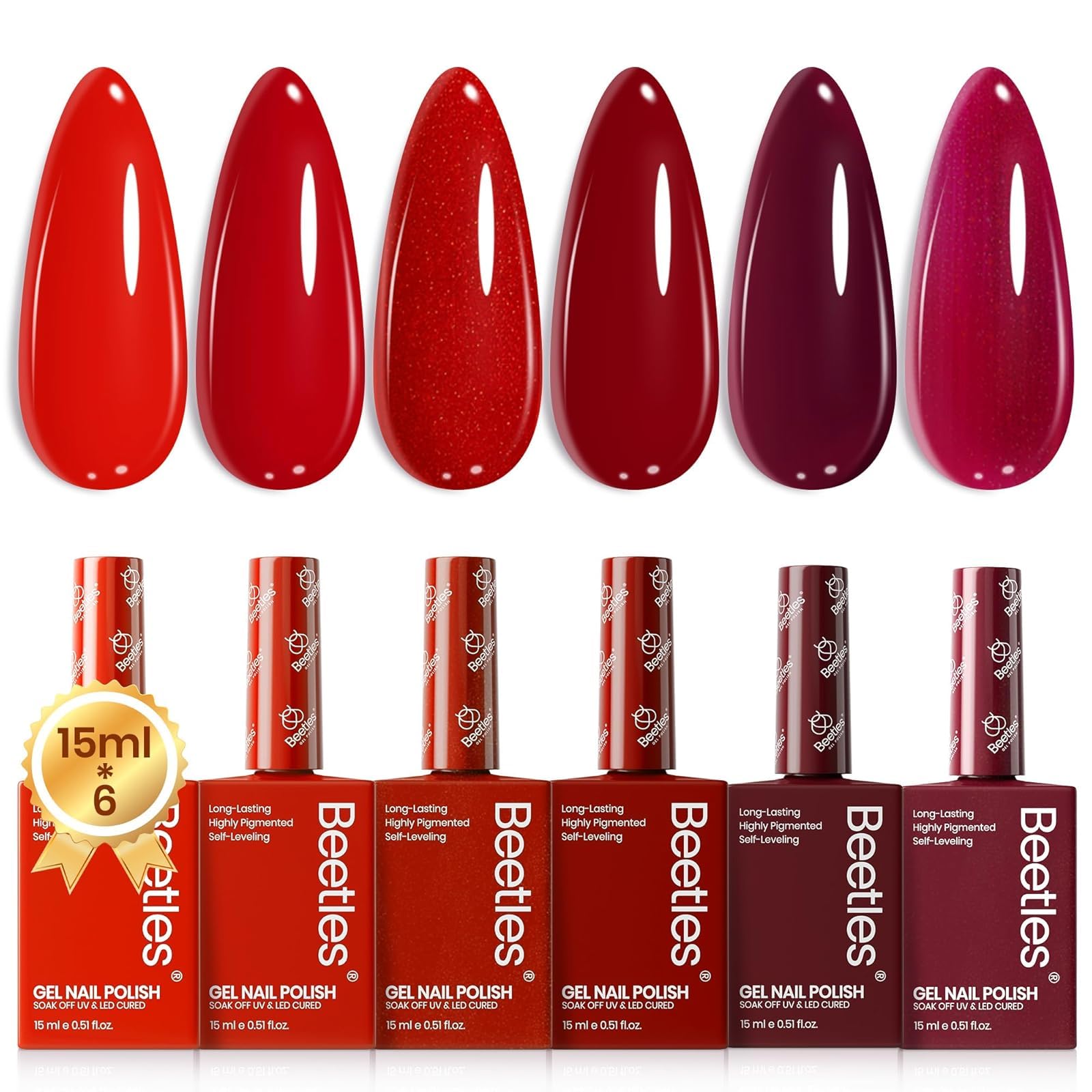 Beetles Red Gel Nail Polish Set bottle close-up showing six shades for versatile nail art.