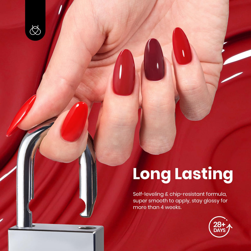 Beetles Red Gel Nail Polish Set glossy finish on nails for a salon-worthy look.
