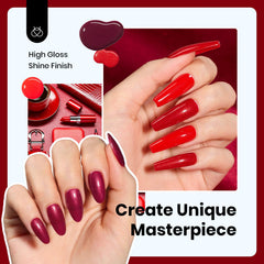 Beetles Red Gel Nail Polish Set shimmer burgundy on display highlights rich color payoff.
