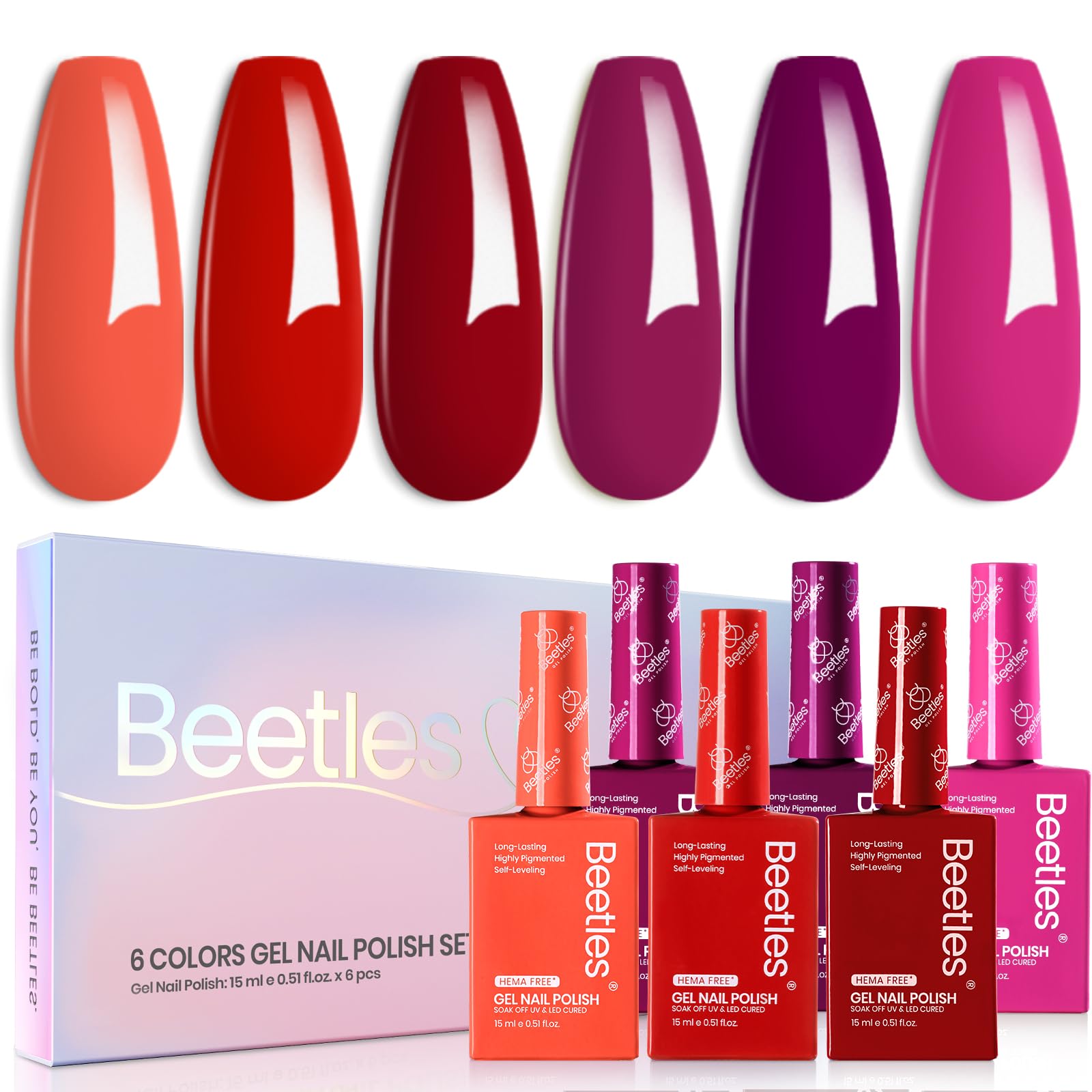 Beetles Red Pink Gel Polish Set bottles show six vibrant shades for stylish nails.