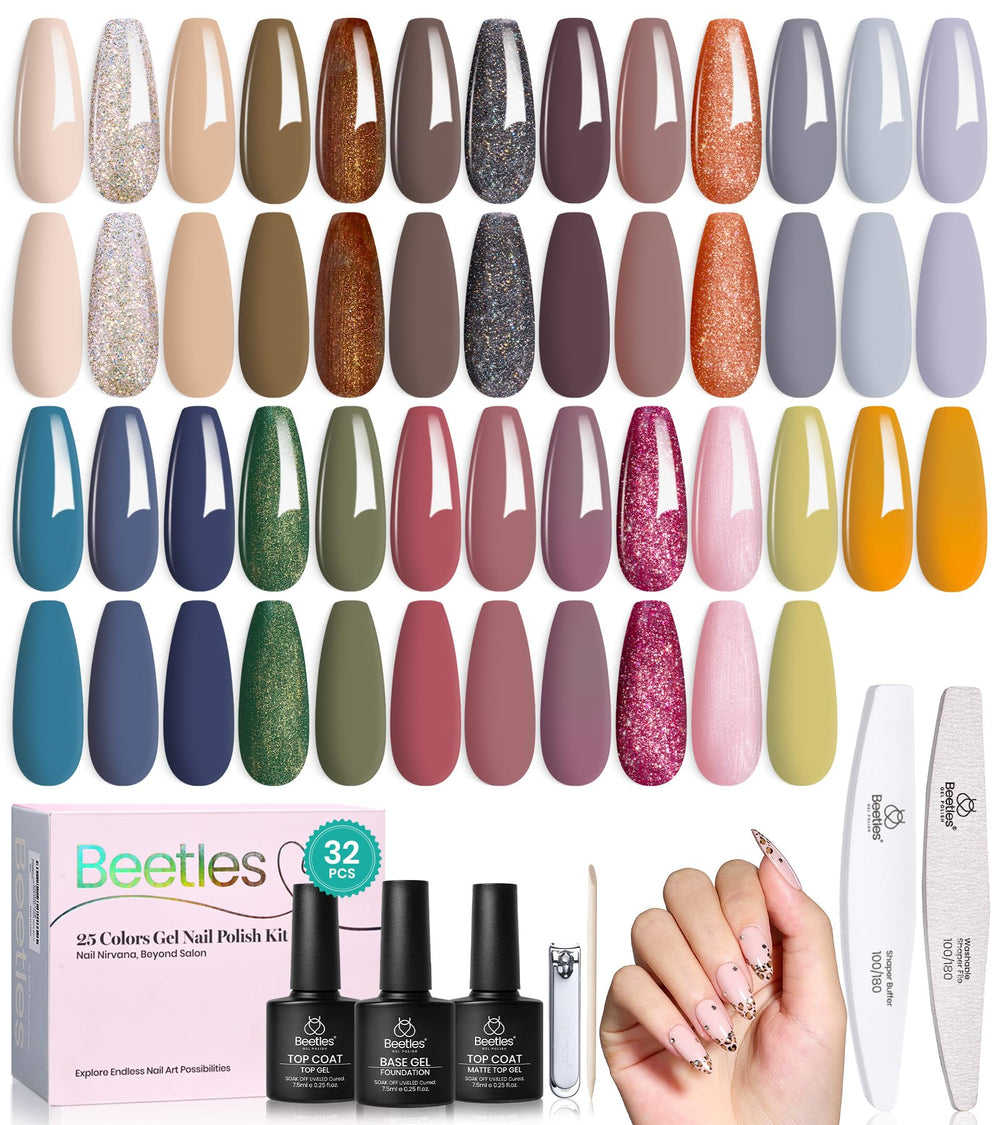 Beetles Retro gel nail polish set box with 25 colors for versatile winter manicures.