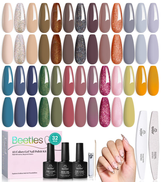 Beetles Retro gel nail polish set box with 25 colors for versatile winter manicures.