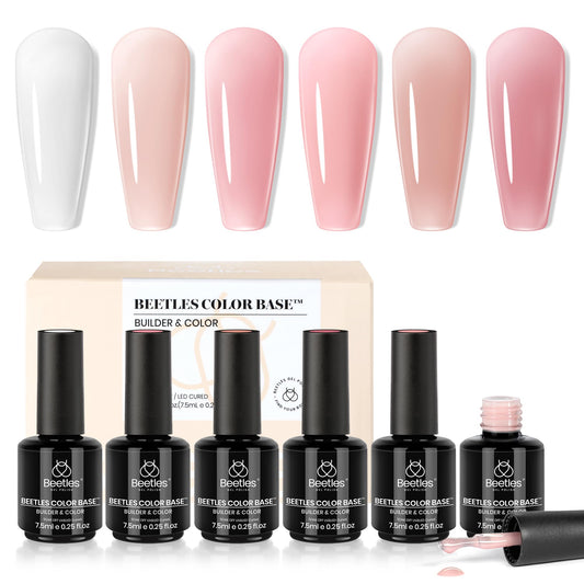 Beetles Rubber Base Builder gel bottles show six nude shades for natural nails and French tips.