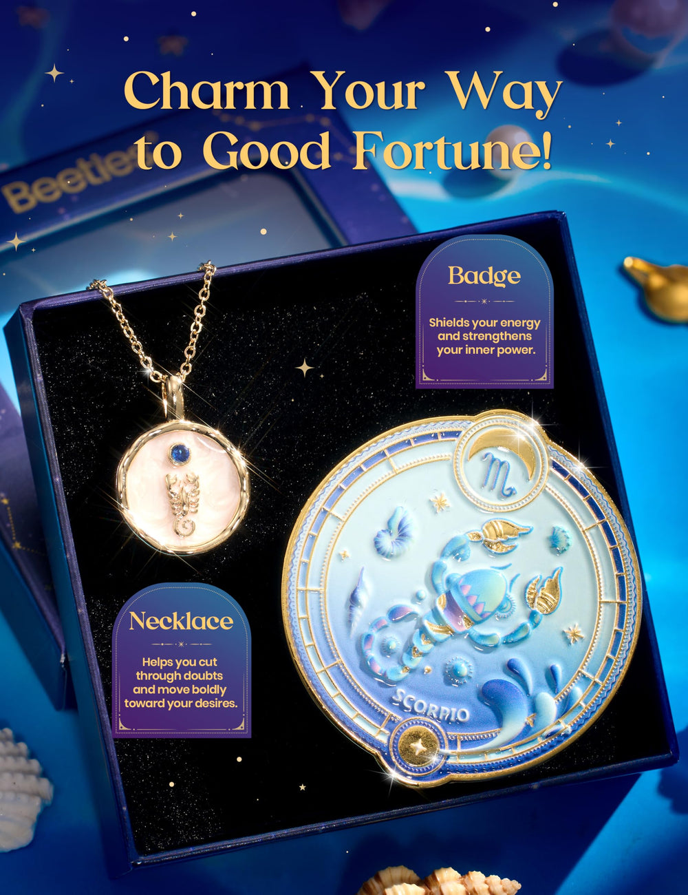 Beetles Scorpio zodiac badge and necklace add a collectible, personal touch to nails.