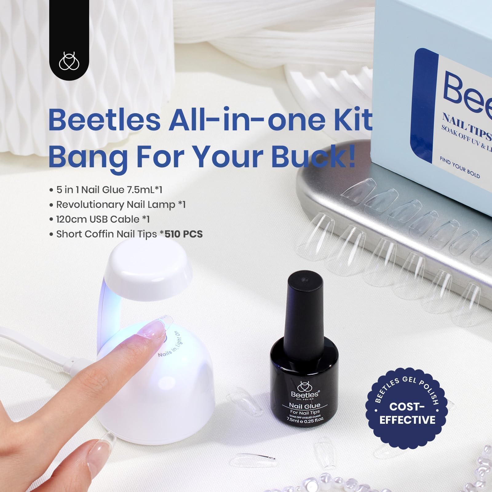 Beetles short coffin tips in 15 sizes fit snugly for natural looks