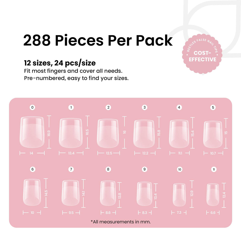 Beetles short square nail tips in 12 sizes for precise DIY manicures.