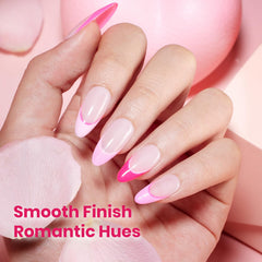 Smooth application of Beetles pink gel polish with high color payoff.
