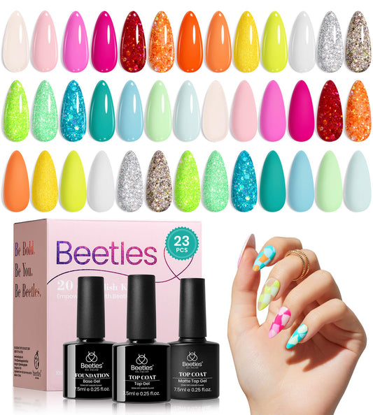 Beetles Spring gel nail polish set swatches show vibrant 20-color palette for at-home nail art.