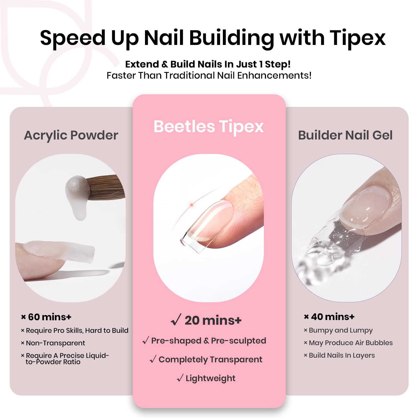 Beetles Tipex sixteen sizes highlight versatile fit for varied nails.