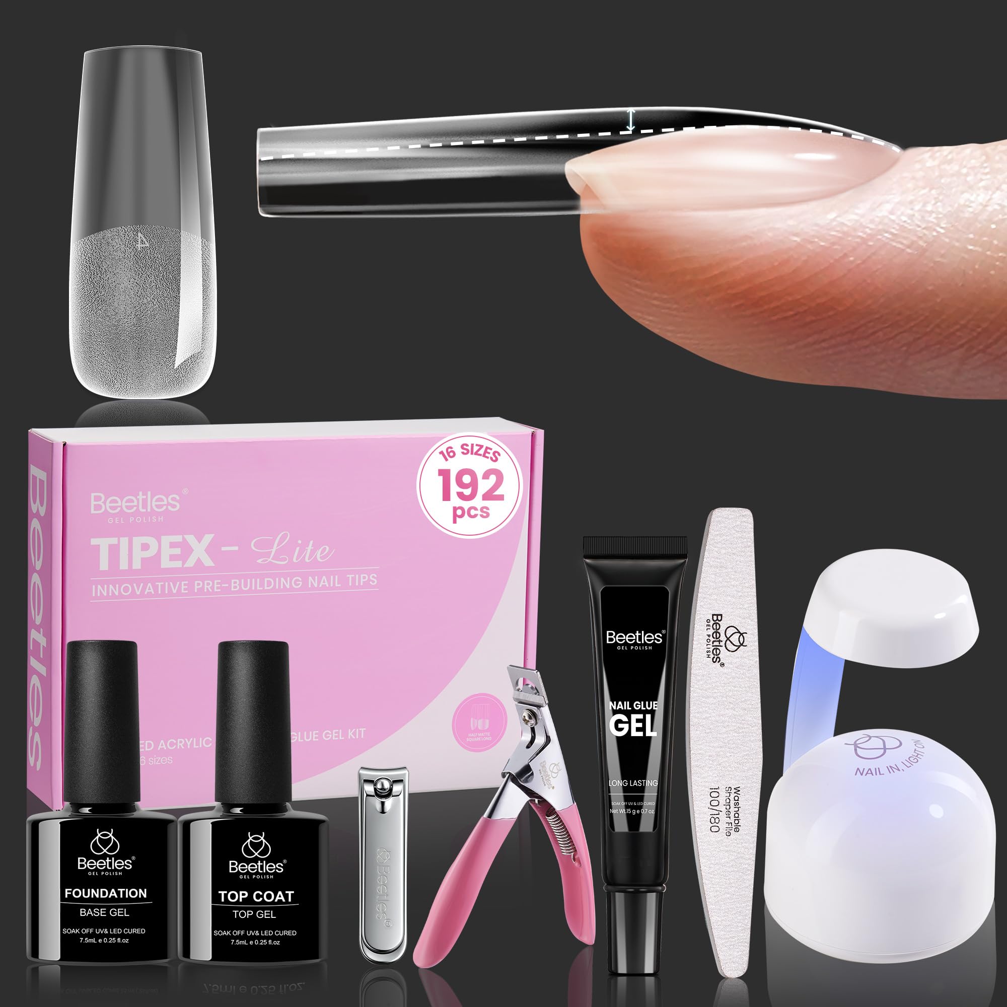 Beetles Tipex Lite 192pcs nail tips for natural, seamless extensions with salon-grade durability.