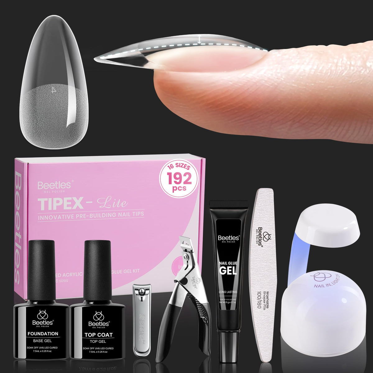 Beetles Tipex Lite apex nail tips kit with 192 almond tips for natural extensions.