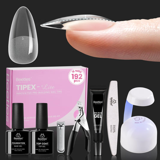 Beetles Tipex Lite apex nail tips kit with 192 almond tips for natural extensions.