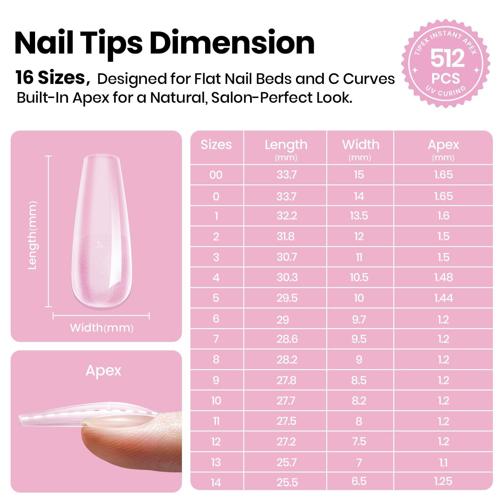 Beetles Tipex Lite set shows 16 sizes for precise nail bed fit.