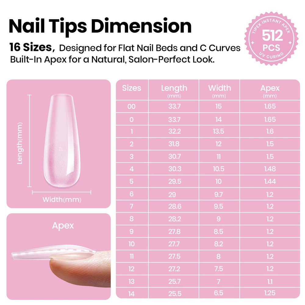 Beetles Tipex Lite set shows 16 sizes for precise nail bed fit.