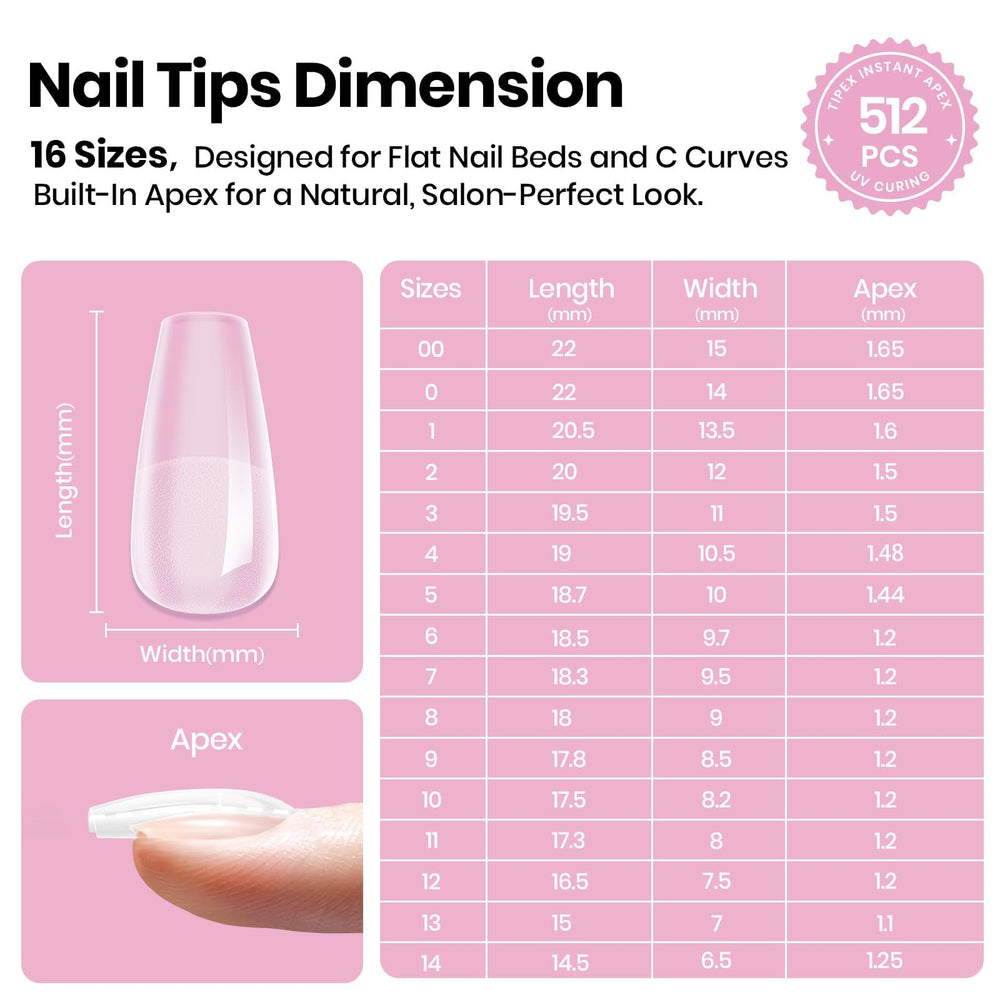 Natural-fit coffin short tips blend with nail beds for seamless results.