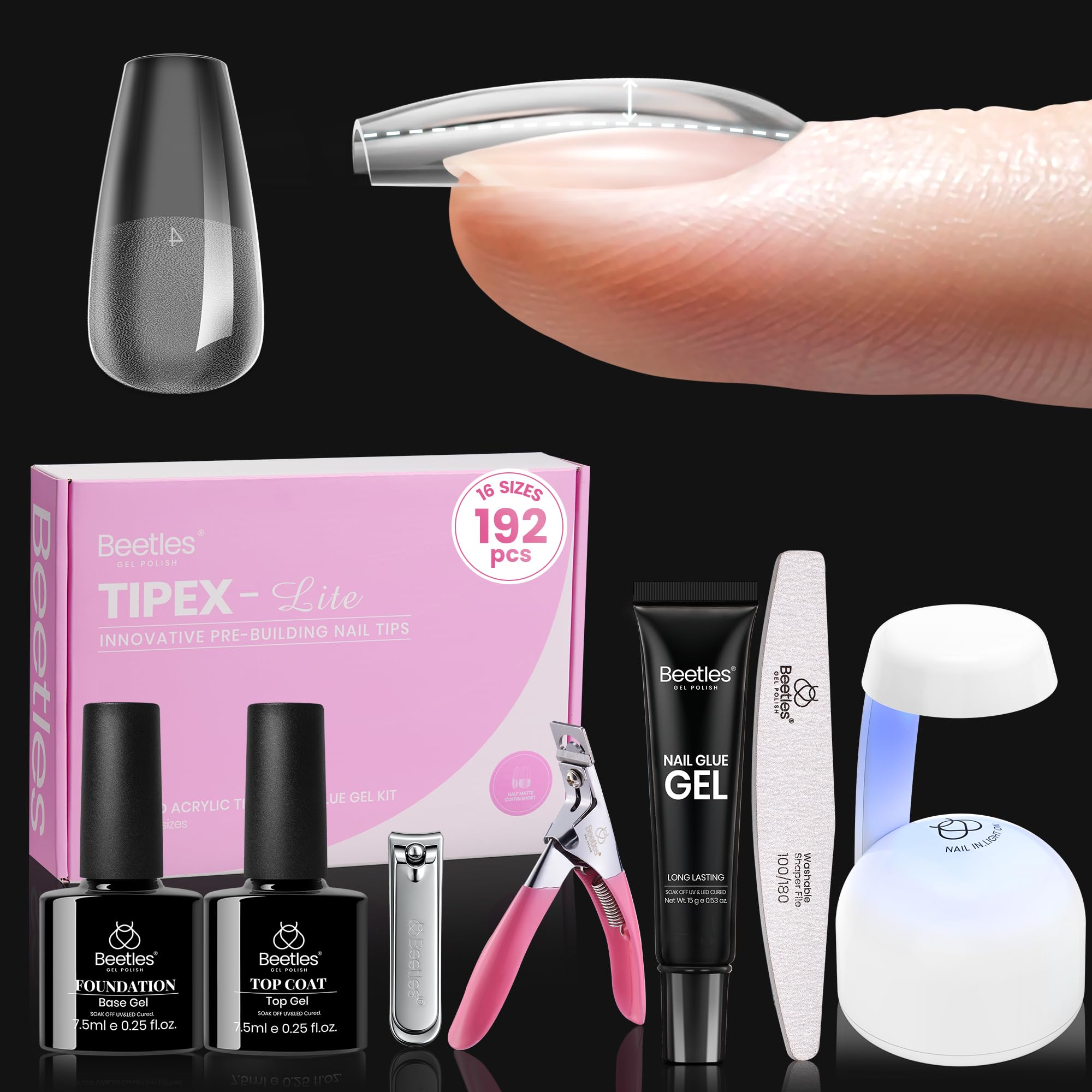 Beetles Tipex Lite apex nail tips kit showing natural-looking extensions