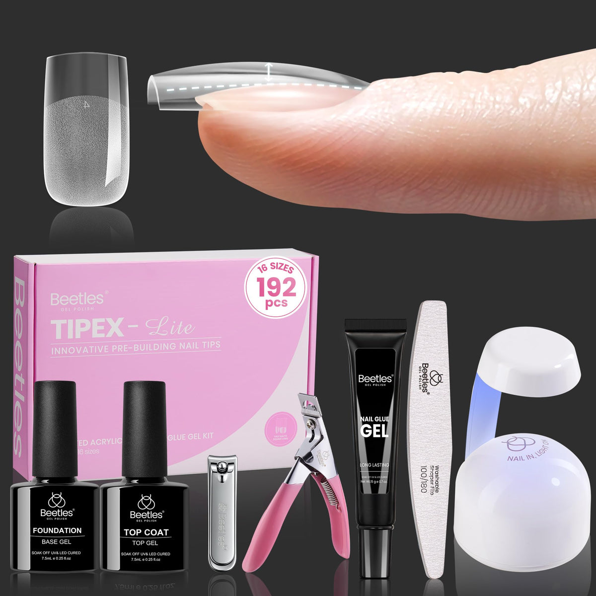 Beetles Tipex Lite apex nail tips provide natural-looking length with built-in strength for at home use.