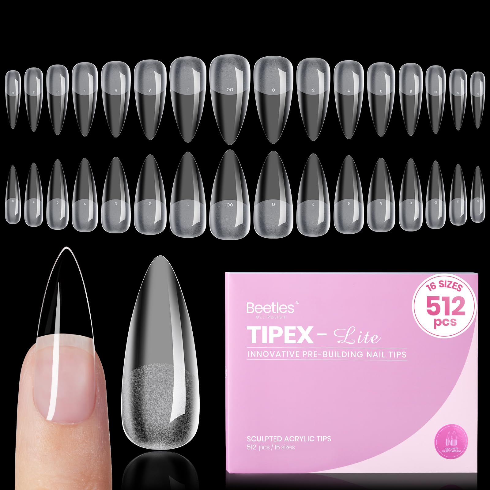 Beetles Tipex Lite stiletto medium tips offer a secure, natural-looking fit.