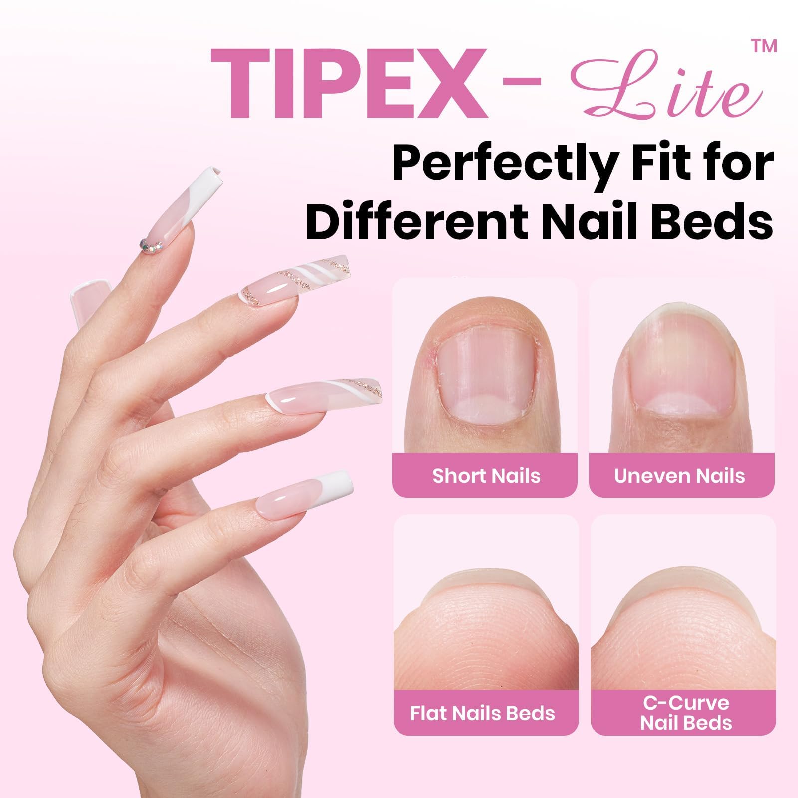 Beetles Tipex Lite pre-etched apex nails enabling quick, beginner-friendly application.