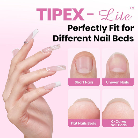 Beetles Tipex Lite pre-etched apex nails enabling quick, beginner-friendly application.