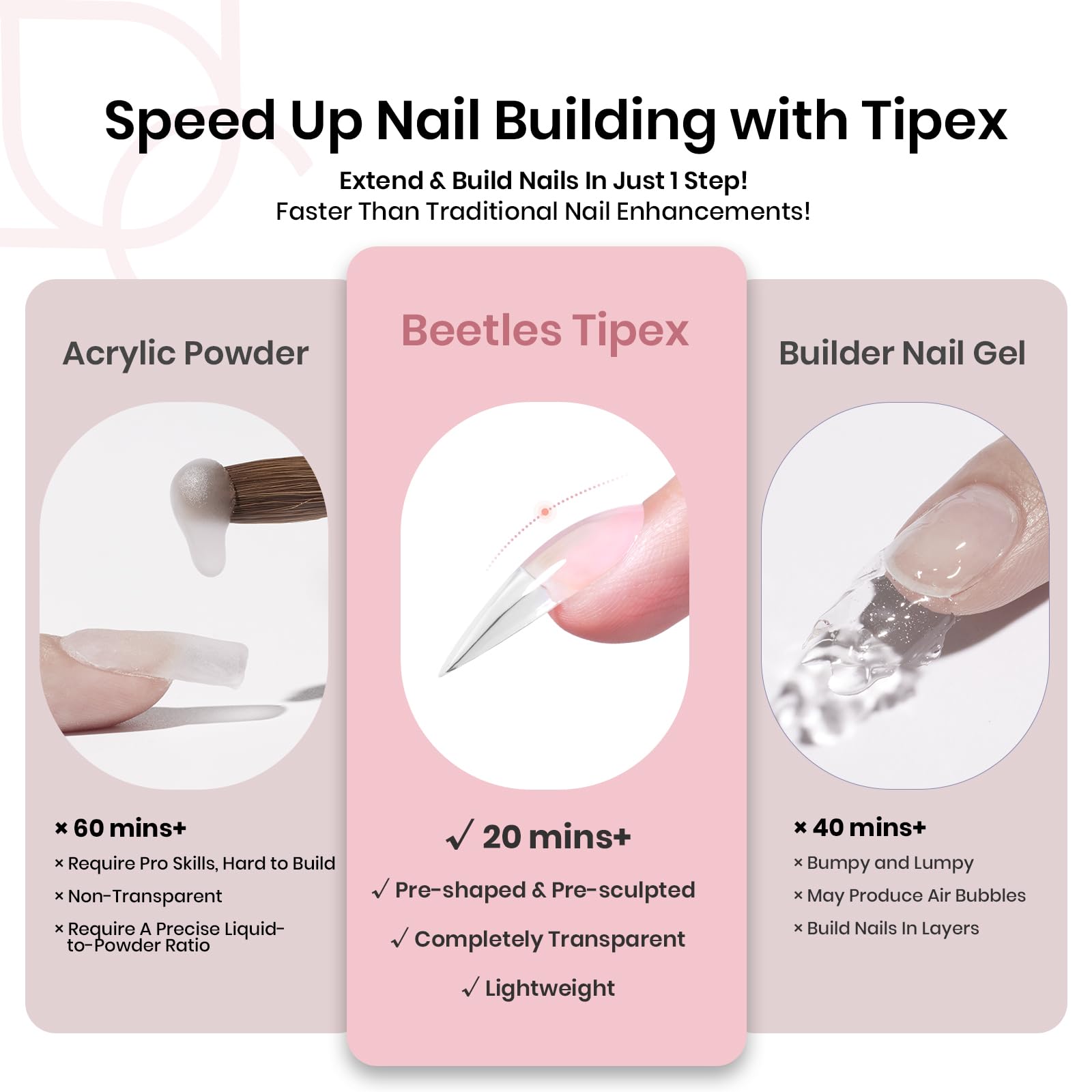 Beetles Tipex pre-built apex tips with integrated curve for stronger, longer-lasting wear.