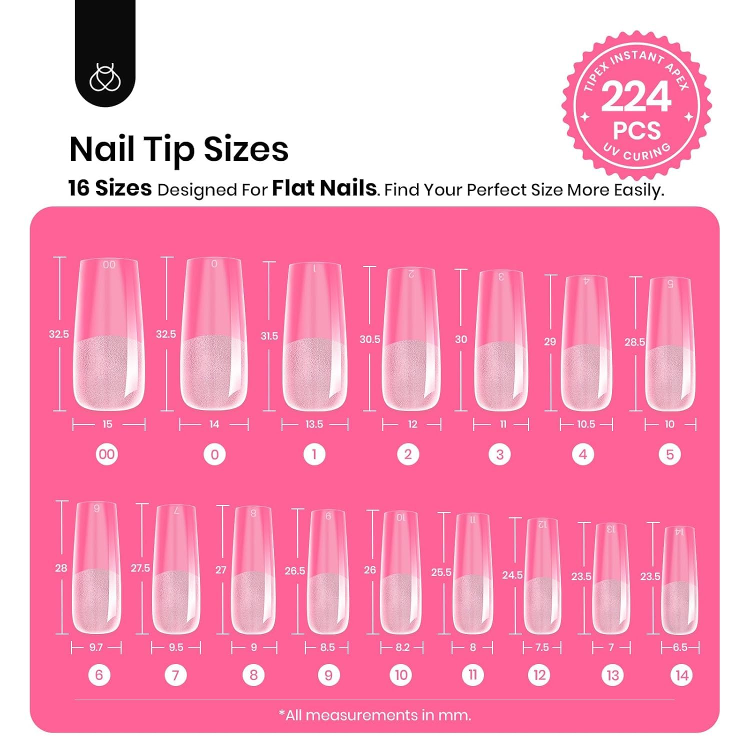 Beetles Tipex half-matte tips promote secure adhesion for extensions.