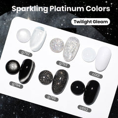 Beetles Twilight Gleam color swatches with black white and glitter shades