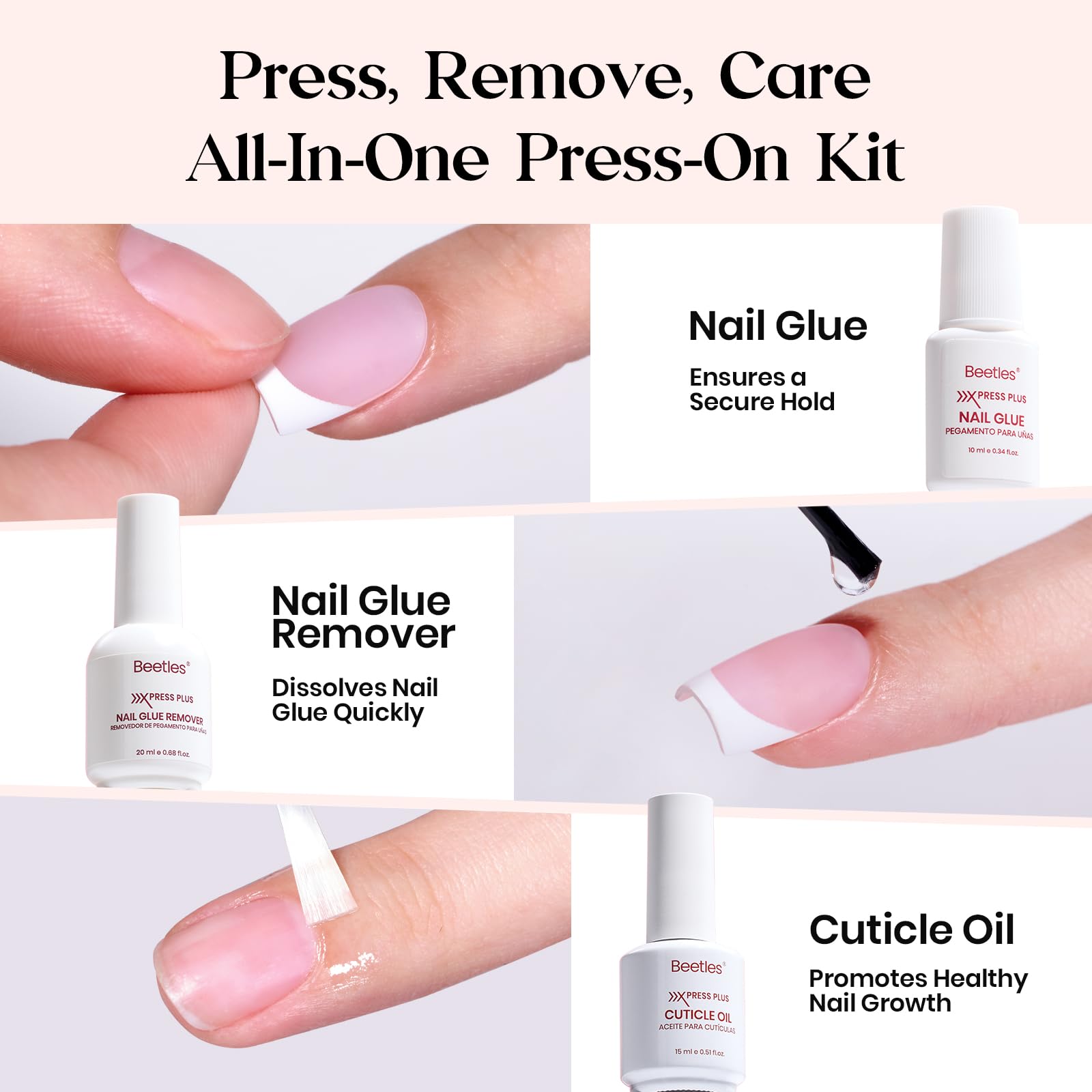 Beetles X Press Kit short almond nails for salon-quality DIY.