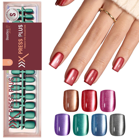 Beetles X Press Plus Cat Eye Nails Galaxy Aurora close-up with magnetic shimmer for salon-like nails.