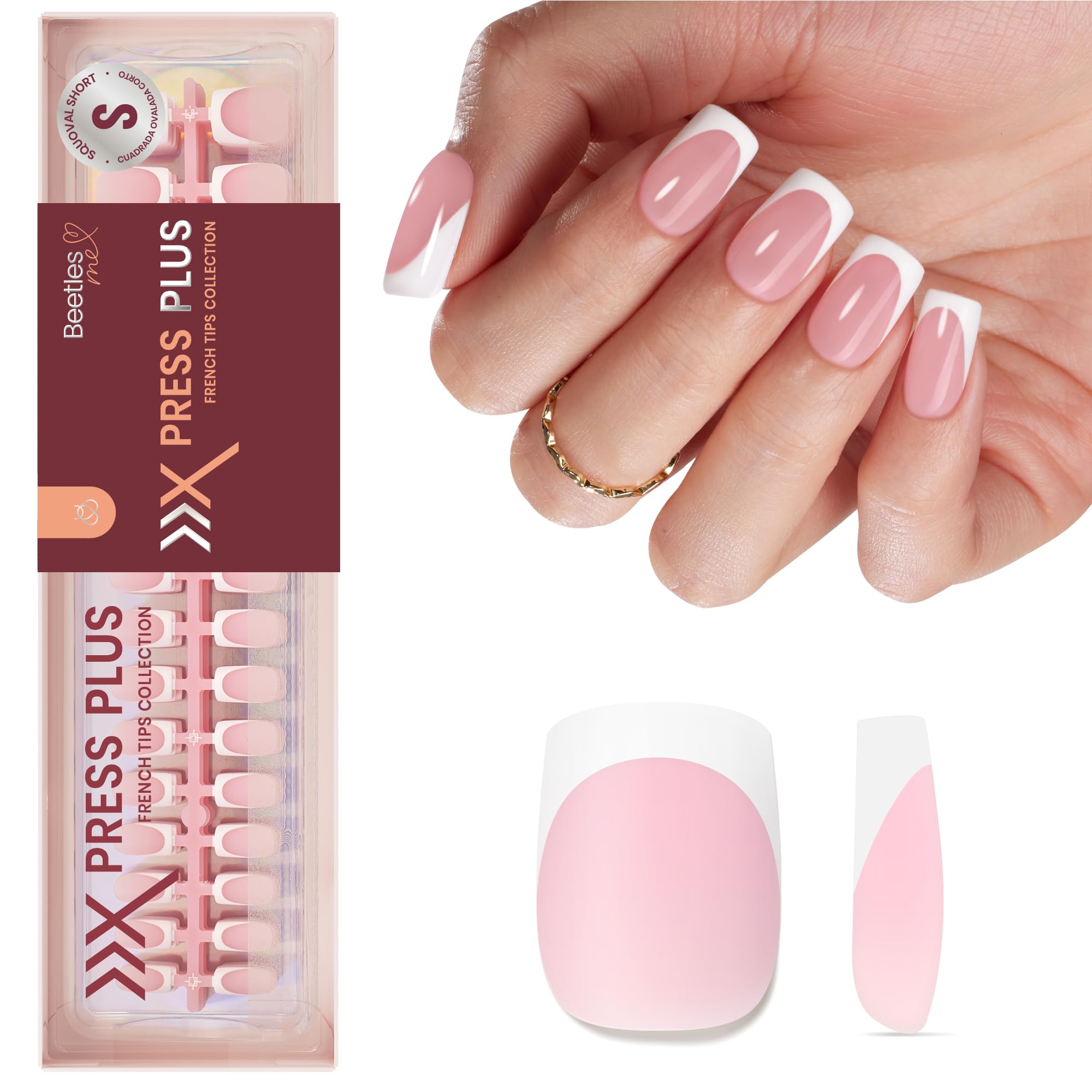 Beetles X Press Plus Camellia French nails offer elegant pink tips for a salon look.