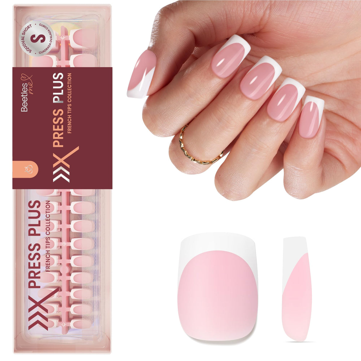Beetles X Press Plus Camellia French nails offer elegant pink tips for a salon look.