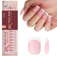 Beetles X Press Plus Camellia French nails offer elegant pink tips for a salon look.