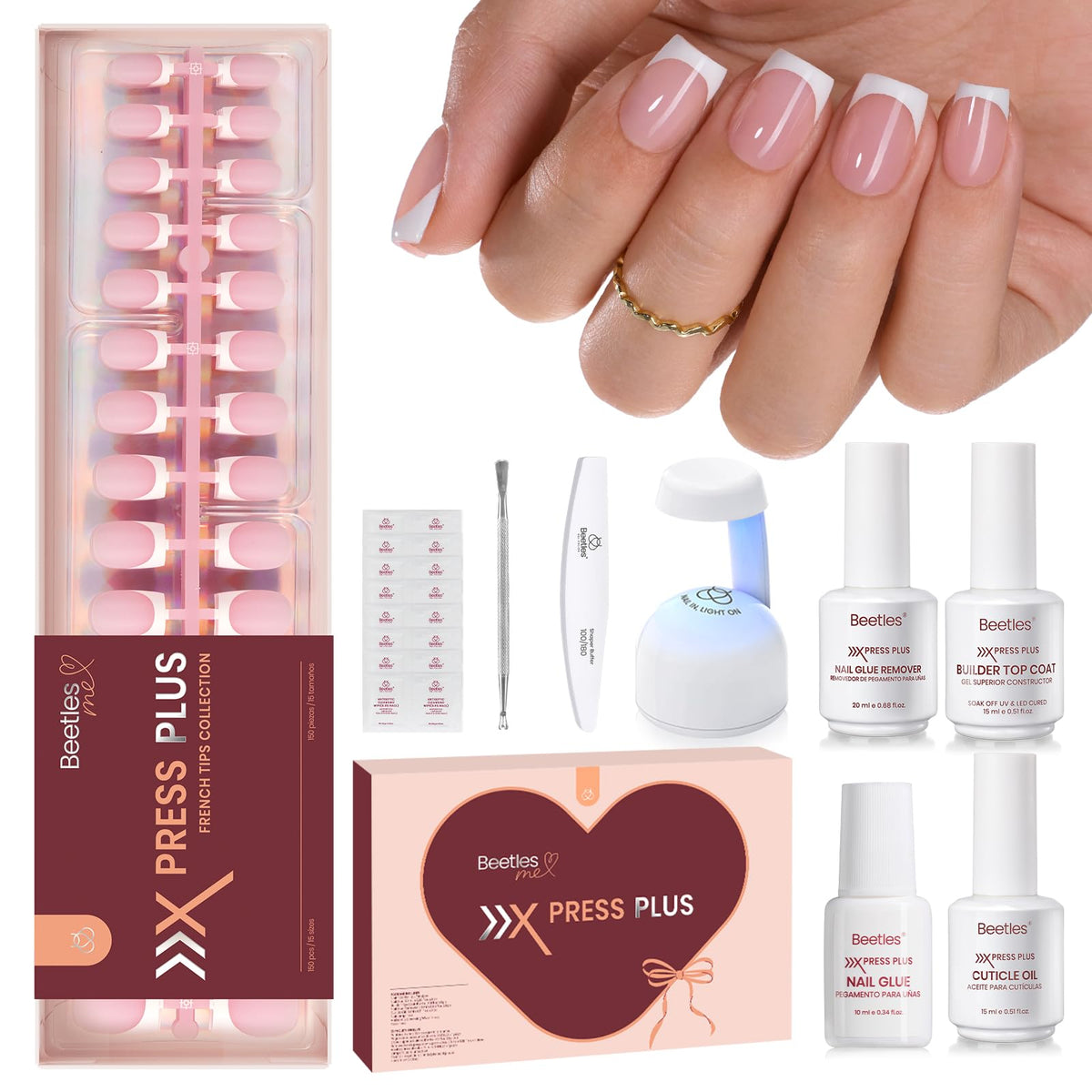 Beetles X Press Plus French tips short square nails for at‑home manicure