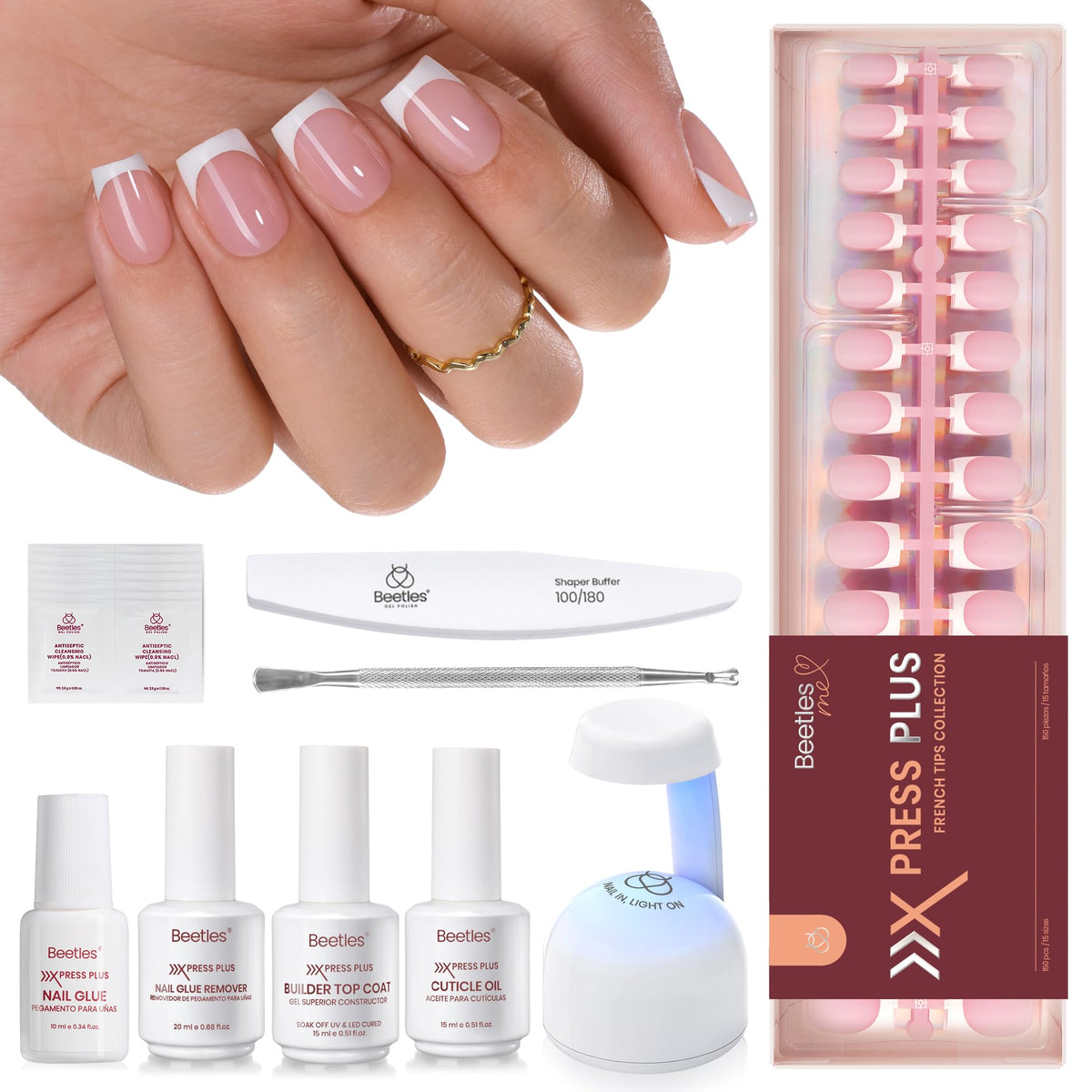 Beetles X Press Plus Glow French nails for salon-like shine at home.