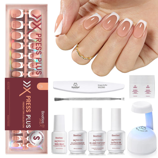 Beetles X Press Plus Lite French tips kit nails on model hand for salon-like nails at home