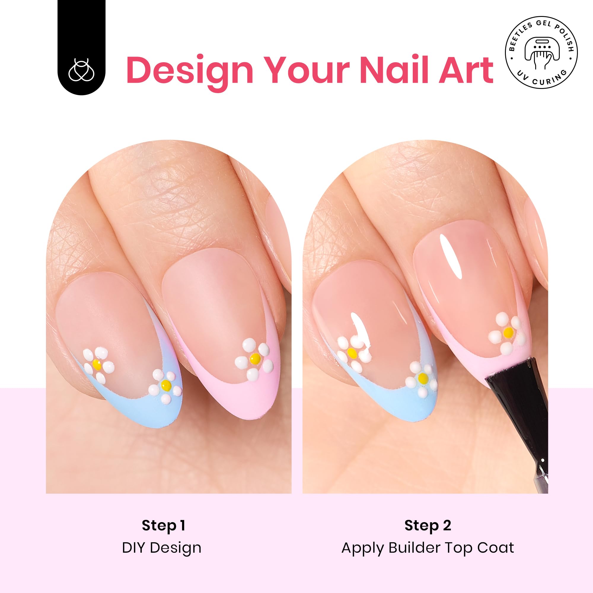 Beetles X Press Plus long‑wear tips with builder top coat for a durable look