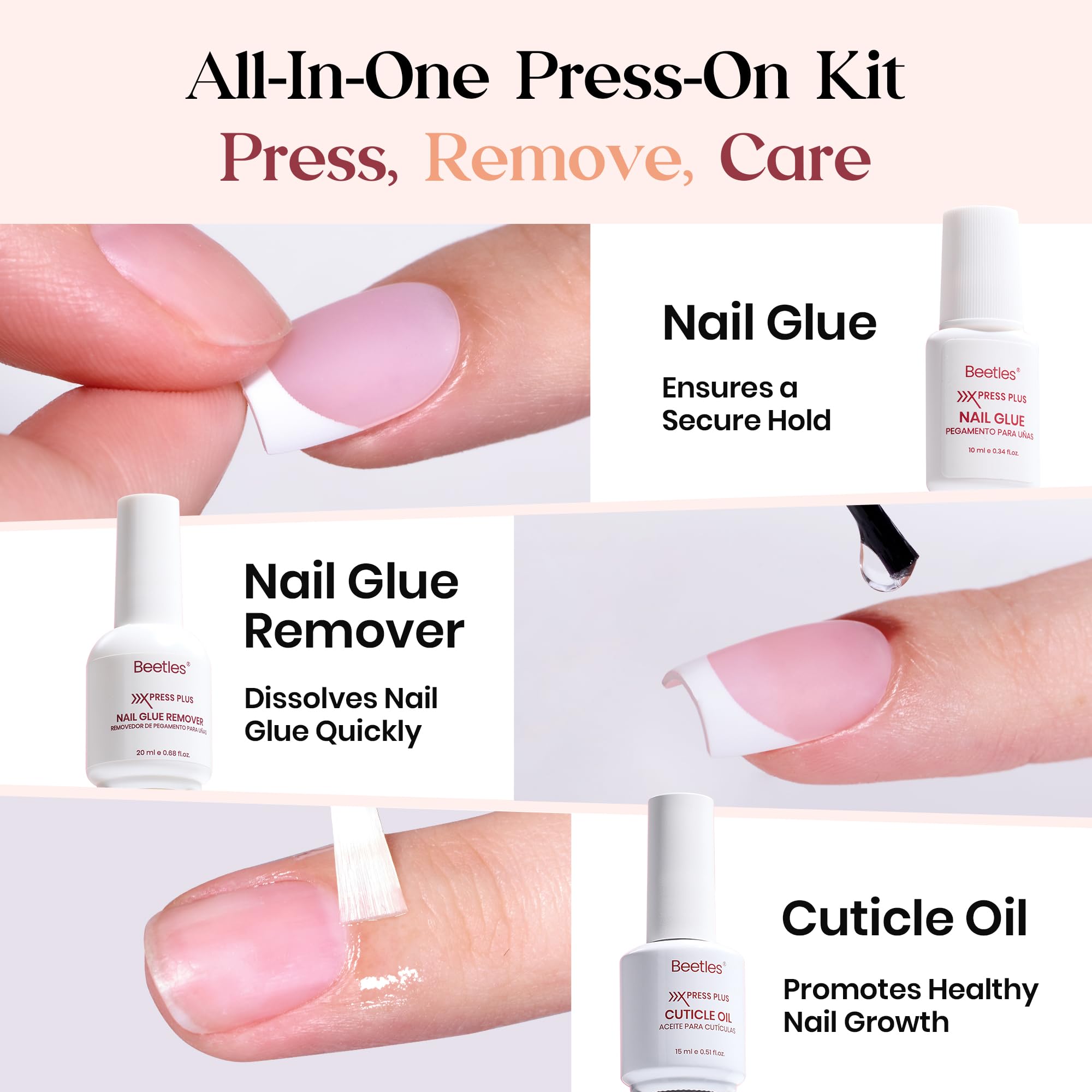 Beetles X Press Plus Pink Short Square nails ready for quick DIY manicure.