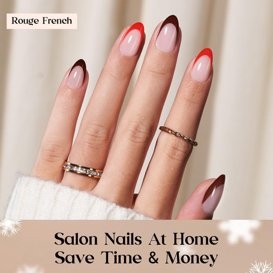 Beetles X Press Red French Tip nails 16 sizes labeled 0-13 for quick sizing.