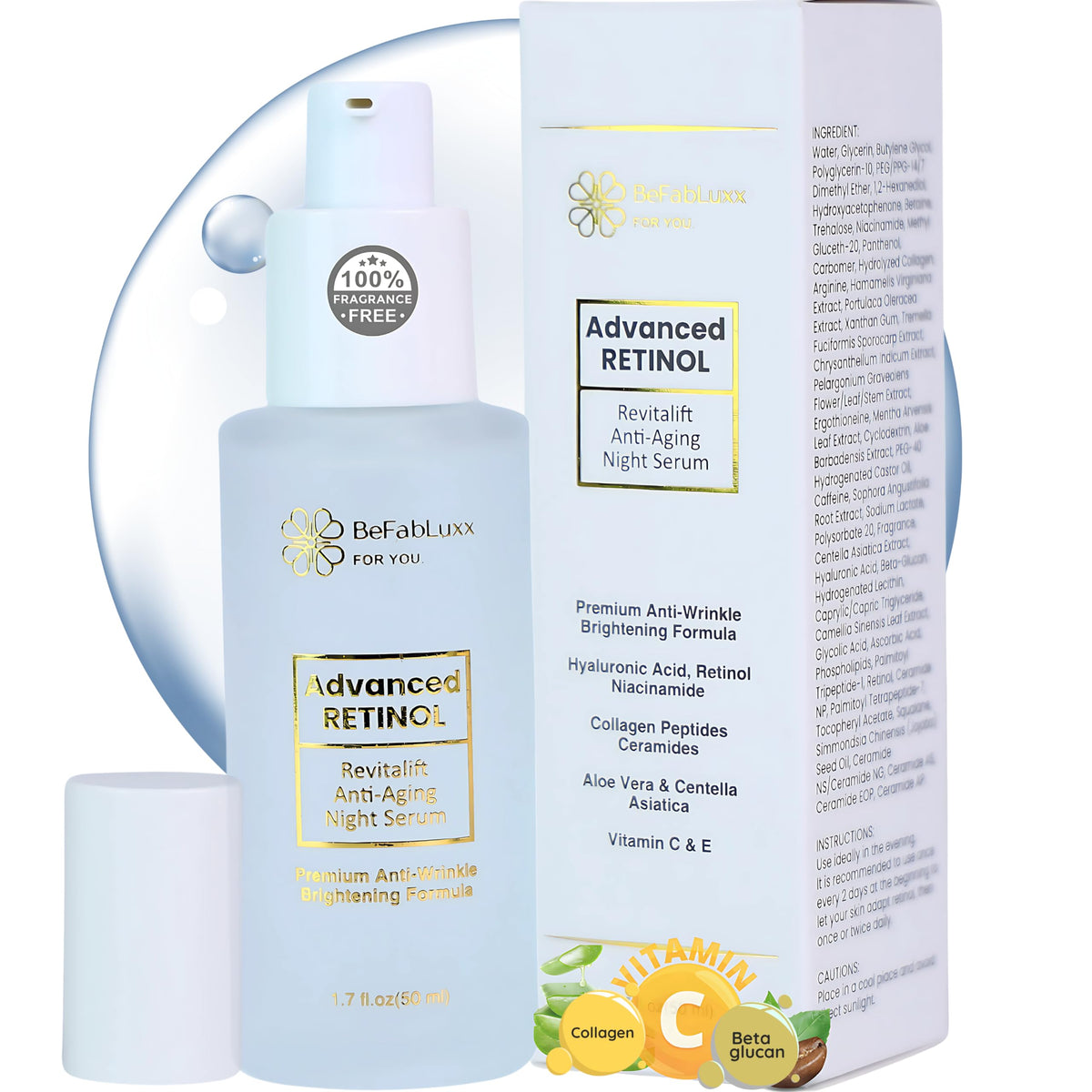 BeFabLuxx Advanced Retinol Serum bottle for overnight smoother skin.