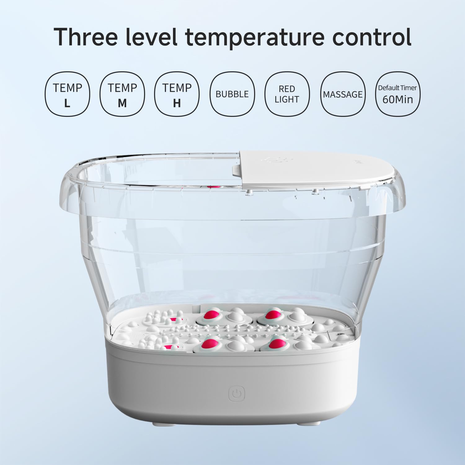 Beici foot spa temperature controls with three warmth levels for customization.