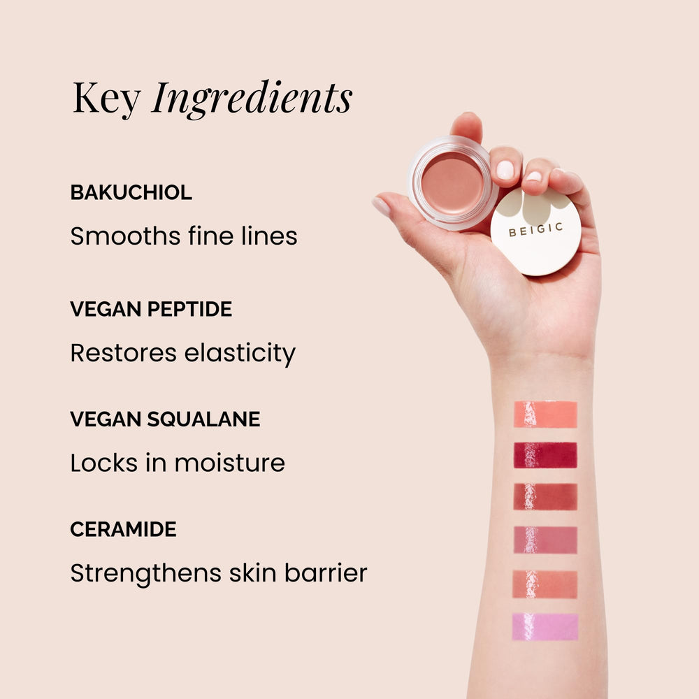 Fingertip application of BEIGIC balm for even color distribution