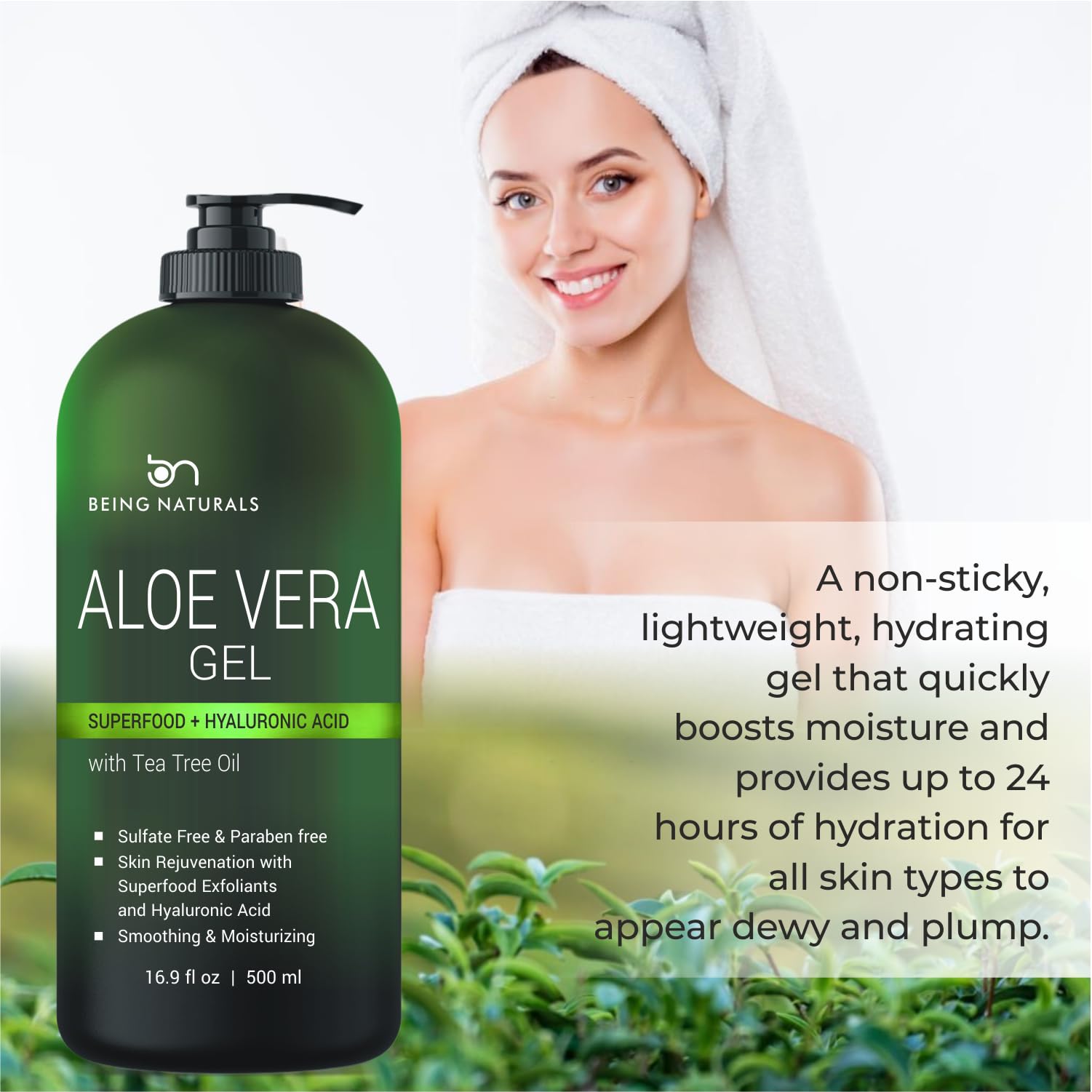 Being Naturals Aloe Vera Gel tea tree oil drops hint at refreshing, soothing care.