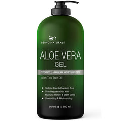 Being Naturals Aloe Vera Gel bottle pouring for refreshing skin hydration.