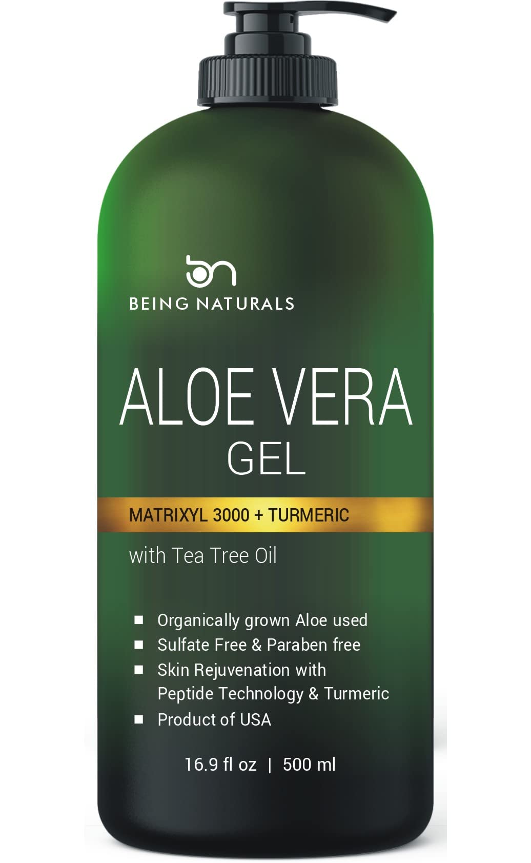 Being Naturals Aloe Vera Gel bottle showing pure multi-use hydration for face, body, and hair