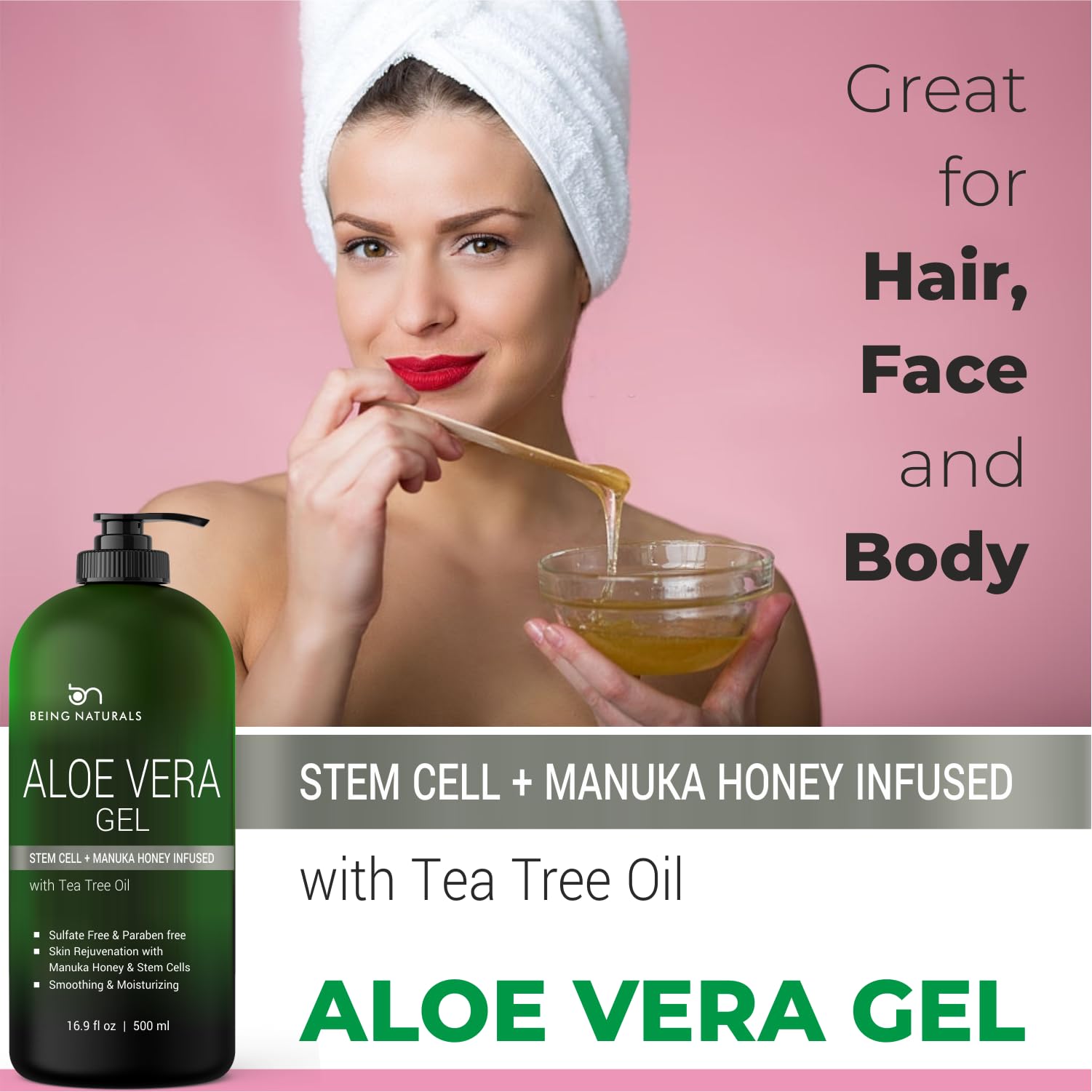 Being Naturals Aloe Vera Gel with Manuka honey and stem cells for renewal-friendly look.