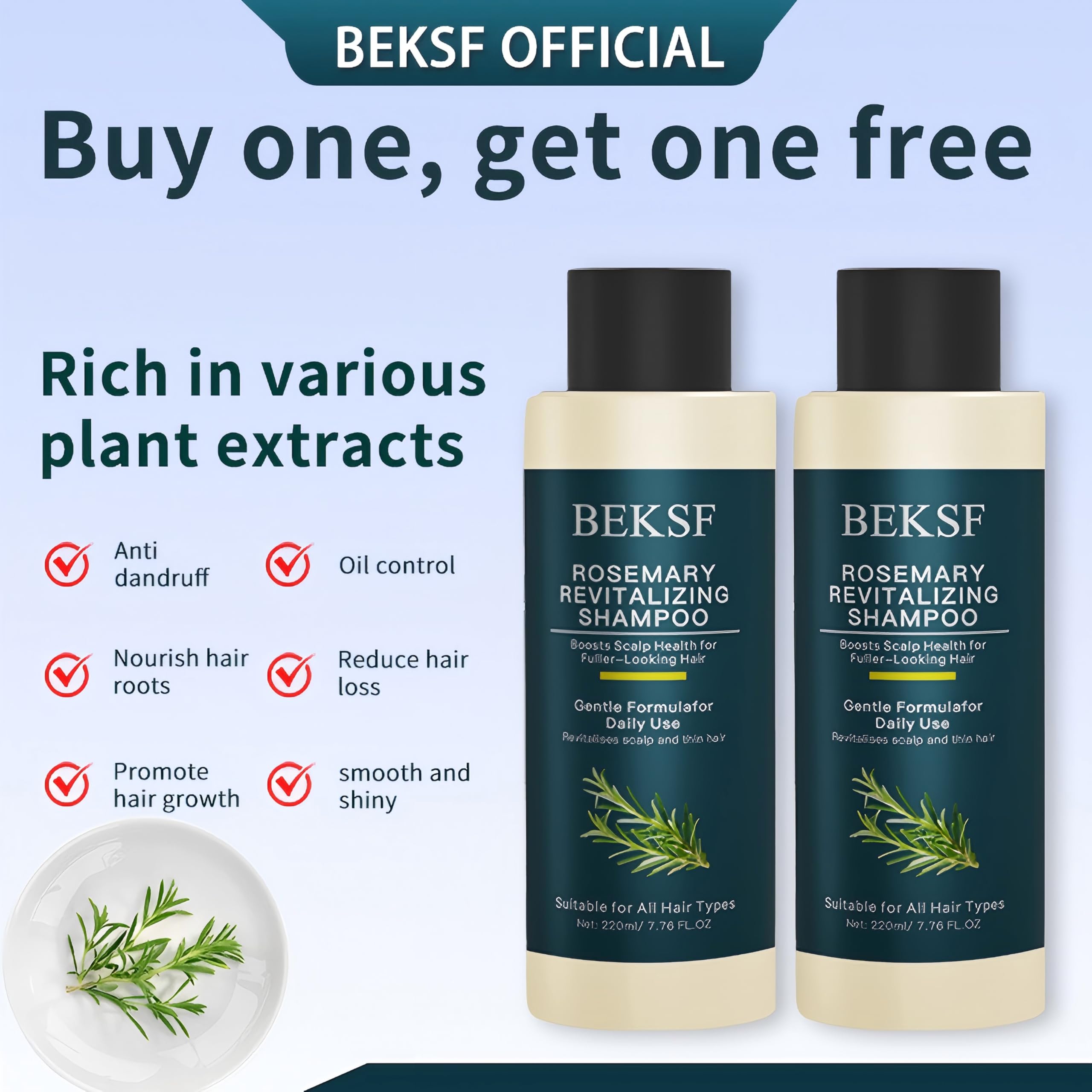 BEKSF Rosemary Shampoo packaging and bottle display hints at travel-friendly refreshing routine.