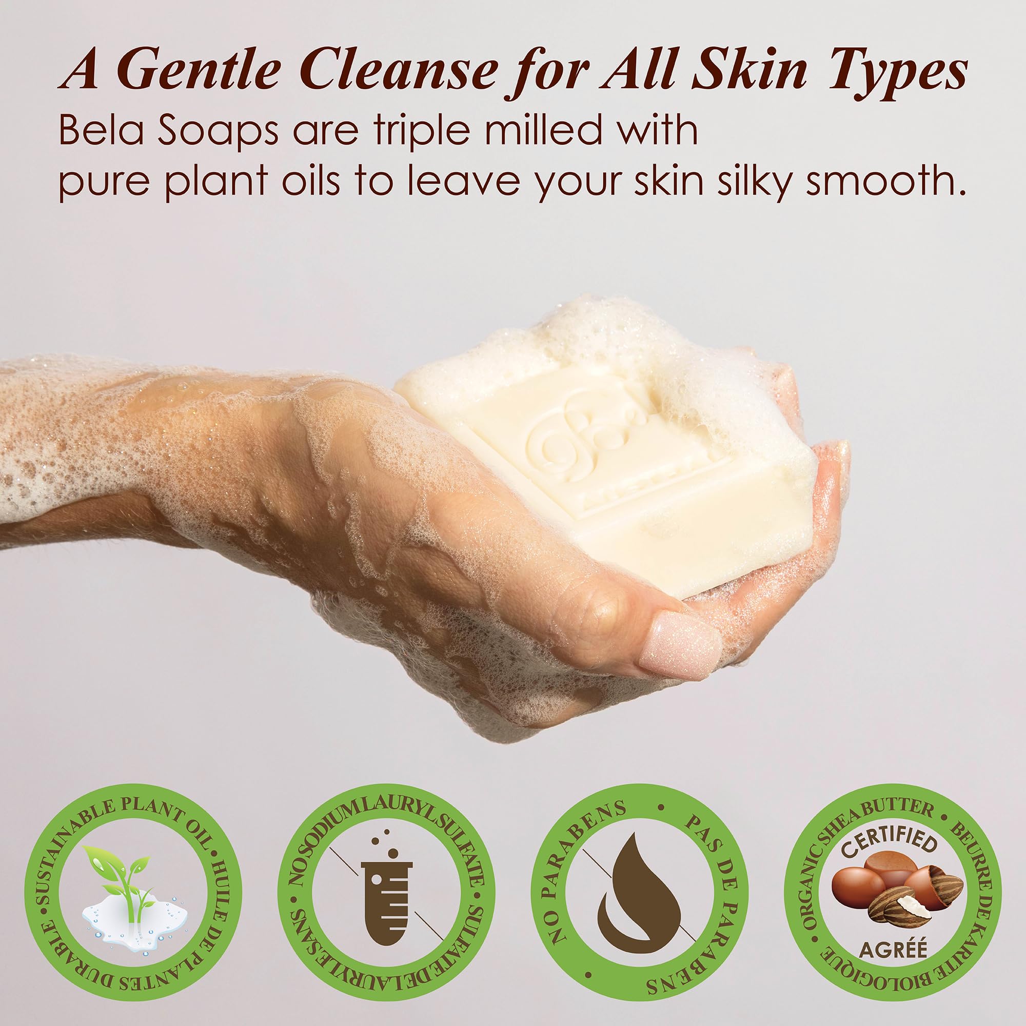 BELA Goat Milk Honey soap bar with organic shea butter for nourishing hands.