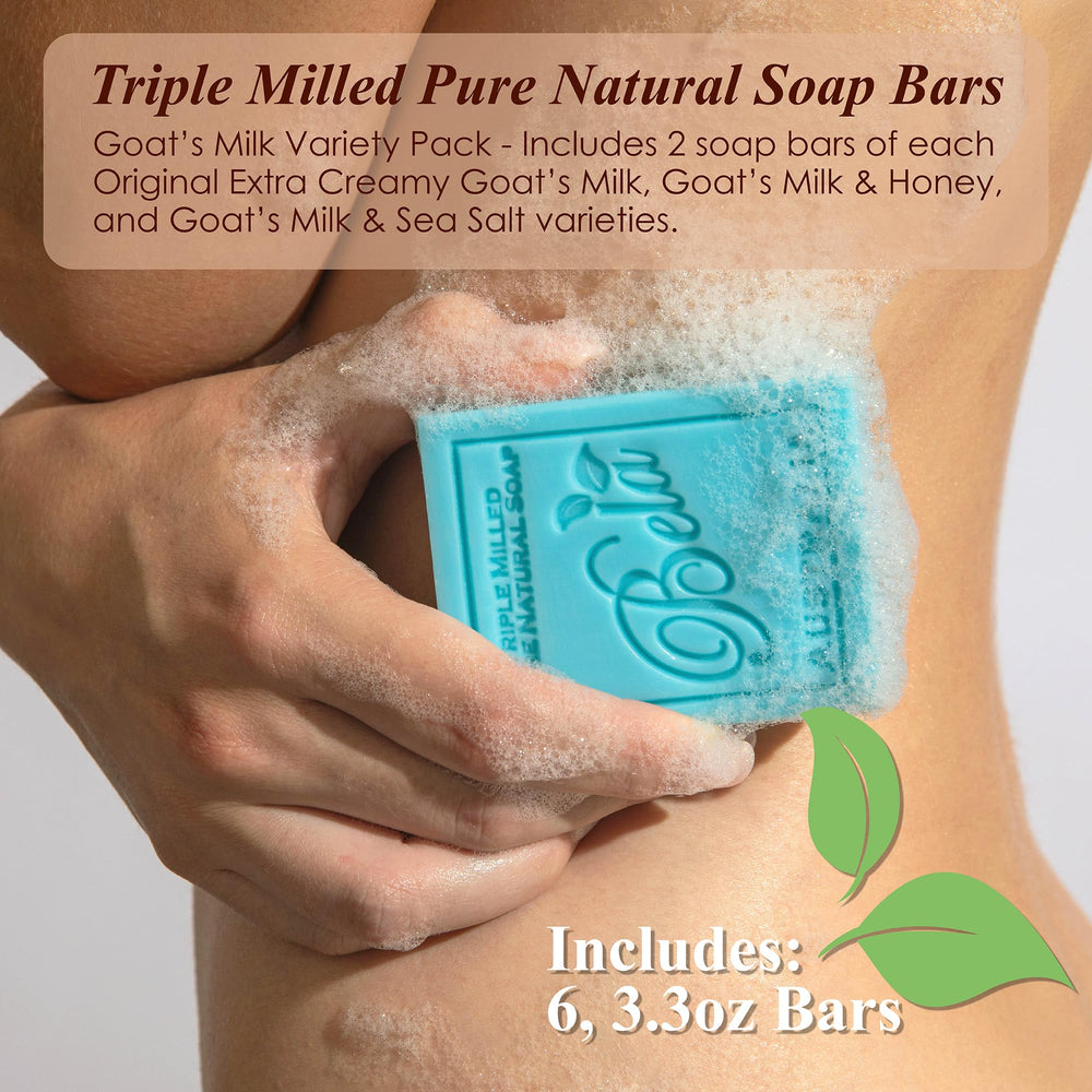 BELA Goat Milk Original soap bar close up showing creamy texture and lather.