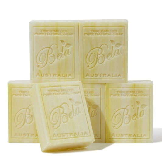 BELA Patchouli Soap six-pack front view with moisturizing organic shea butter.